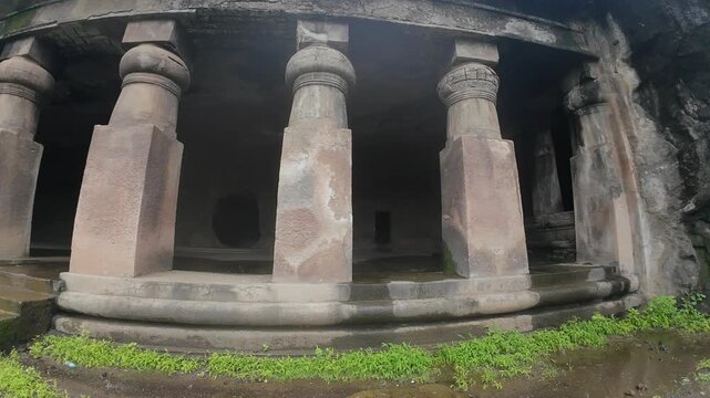 Ancient Rock-Cut Architecture of Elephanta Caves with Massive Stone Columns, UNESCO World Heritage Site near Mumbai, Maharashtra, India
