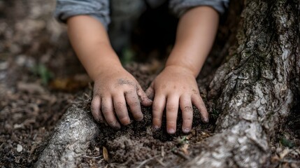 Child s hands exploring the soil and tree roots in a natural setting