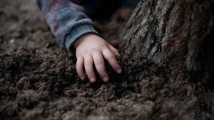 Hands exploring the soil near tree roots a connection to nature