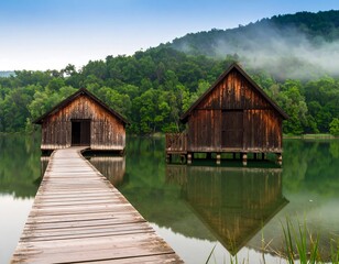 Fototapeta premium Serene wooden lake houses sit on calm water, a boardwalk leading to tranquility. A calm morning mist settles among the lush green hills.