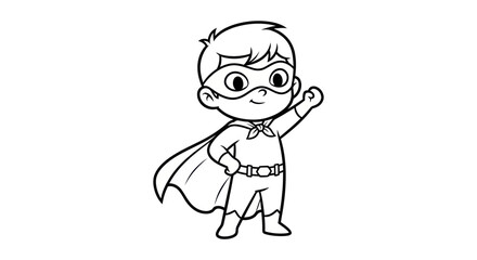 Bold outline illustration of a smiling child superhero with cape and mask posing powerfully