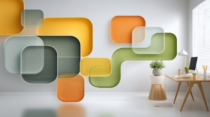 Abstract composition of colorful rounded rectangles and squares arranged dynamically on a clean white wall in a modern room