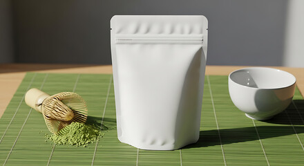 Minimalist White Pouch Mockup with Matcha Tea, Bamboo Whisk, and Bowl on Green Mat.