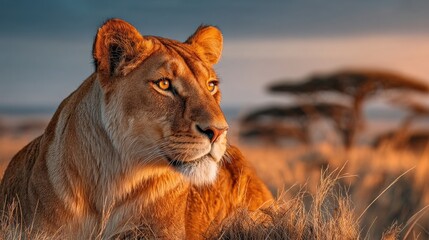 Closeup portrait of a majestic lioness resting in the tall grass of the african savanna at sunset