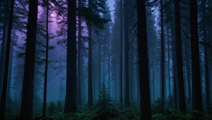 Naklejka premium Vibrant forestal landscape with black pine trees silhouettes against purple and blue night sky.