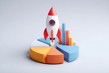 Launch your business growth with this dynamic rocket soaring above colorful pie chart and bar graph data visualization