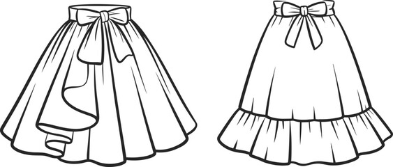 Girly flared skirt fashion flat sketch, bow waist detail, ruffle hemline, elegant design, vector illustration for kidswear and womenswear