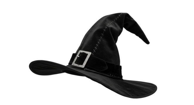 Black witch hat with buckle isolated on white background