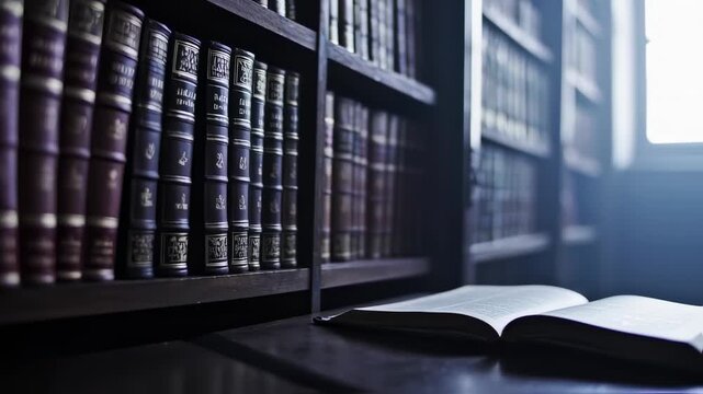 Dark Bookshelves Filled with Many Volumes