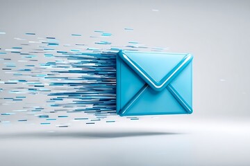 Dynamic blue envelope streaks with digital data, conveying fast communication and online messaging.