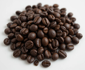 Fototapeta premium A pile of dark roasted coffee beans on a white background, close-up shot