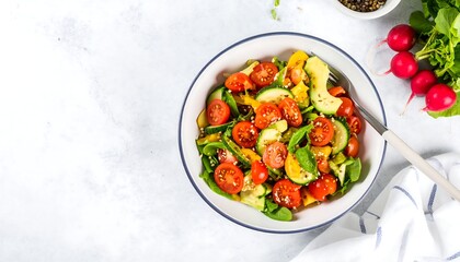 Vibrant salad of cherry tomatoes, zucchini, and spinach in a bowl, with radishes and seasonings nearby