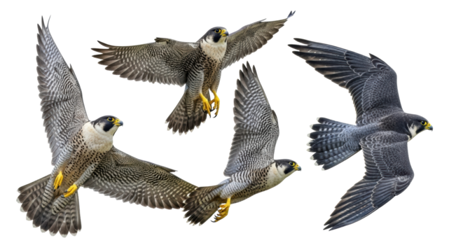 Multiple peregrine falcons in dynamic flight maneuvers, sharp talons, hooked beaks, mottled brown plumage, against a transparent background with copy space, untamed aerial dominance