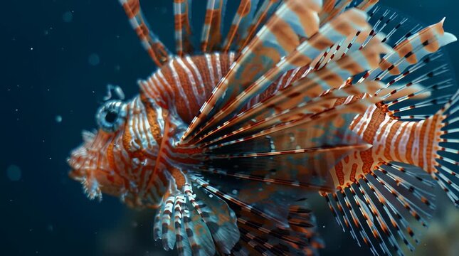 Close-up of lionfish swimming in ocean, documentary style underwater wildlife video