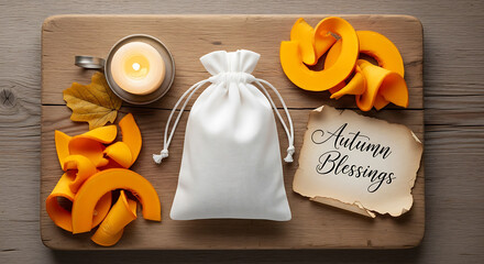 Cozy Autumn Scene - Sliced Pumpkin, Lit Candle, and Autumn Blessings Note on Wooden Board.