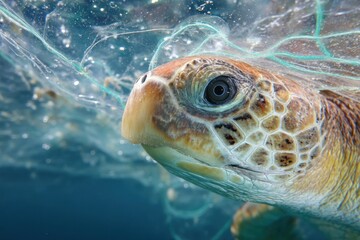 Fototapeta premium Sea turtle entangled in plastic netting