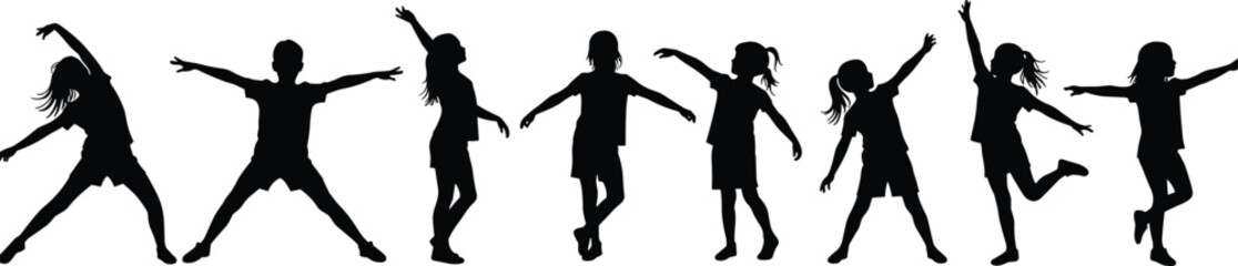 Children dancing silhouette, playful kids vector, active movement, happy childhood, fun activity, dancing pose, joyful youth, energetic children artwork