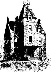 Obraz premium Eerie haunted house in grunge black and white for halloween decorations