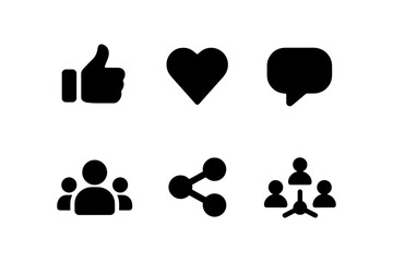 Social media icons: thumbs up, heart, chat, share, network in bold silhouette style