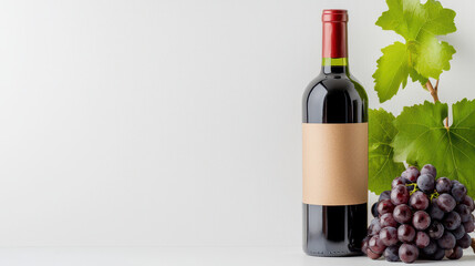 Obraz premium Bottle of red wine stands next to cluster of dark grapes and green leaves, creating fresh and inviting atmosphere