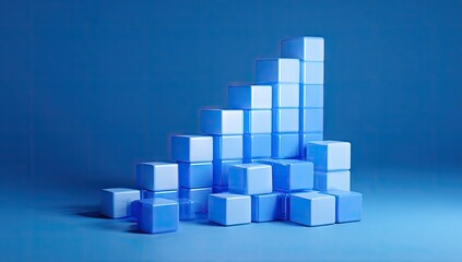 3D Blue Cube Structure Building, Representing Growth, Against Blue Background