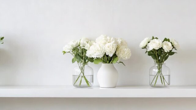 Elegant white flowers in vases on minimalist shelf enhance decor and create serene atmosphere