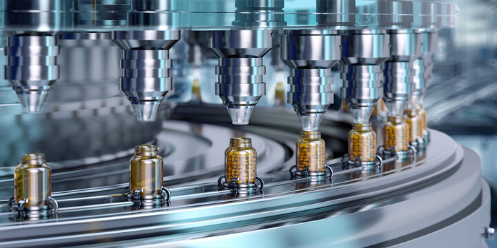 Automated tablet filling machine with glass bottles on a production conveyor line. Pharmaceutical industry, automation, drug manufacturing technology, medicine industrial innovation, pharmacology, 3D