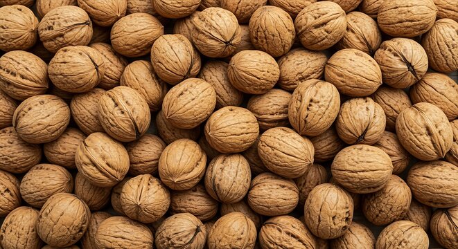 Close-up overhead view of a pile of whole walnuts in their shells heap