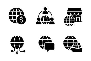 Global business icons: e-commerce, networking, communication, shipping, online transactions