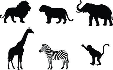 Silhouette of African animals including lion, tiger, elephant, giraffe, zebra, monkey, safari wildlife illustration, wild jungle nature vector, exotic fauna mammal silhouette