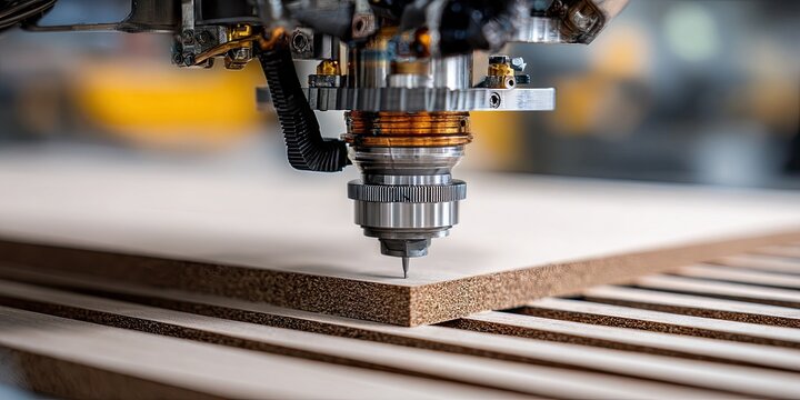 Industrial machine head drilling into a wood panel, close-up focus with blurred background