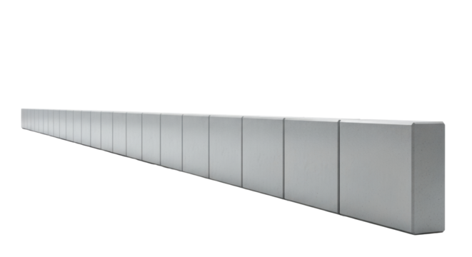 Long horizontal line of uniform polished light ash gray concrete panels, sleek, reflective, on bright white studio background with copy space, wide-angle, high-key diffused lighting, modern