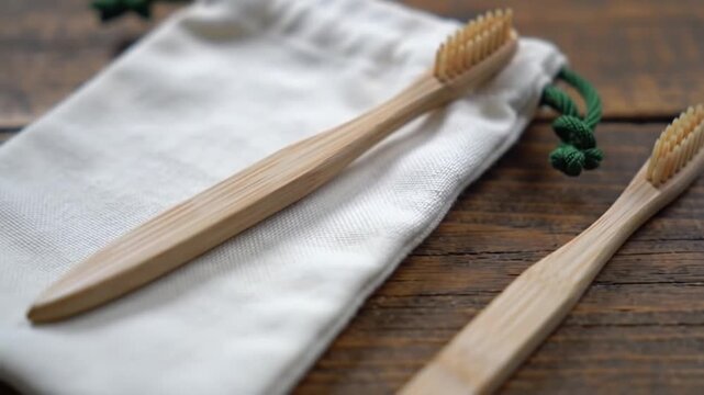 Eco-Friendly Bamboo Toothbrushes with Drawstring Bag on Wooden Surface