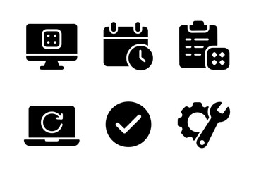 Minimalist silhouette icons of technology, calendar, clipboard, laptop, checkmark, and tools