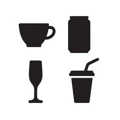 Drinking Silhouette Icon Set – Tea Cup, Soda Can, Champagne, Straw Cup
