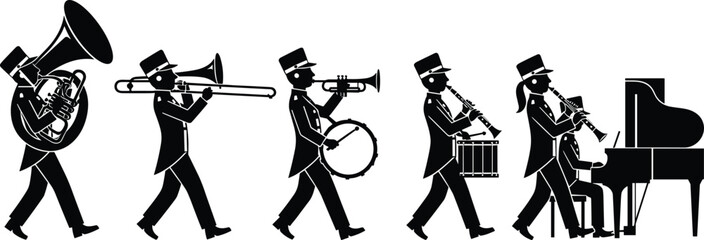 marching, band, silhouette, musicians, vector, illustration, music, parade, instruments, graphic, design, black, white, trumpet,  drum, clarinet, formal, attire, top, hat, performance