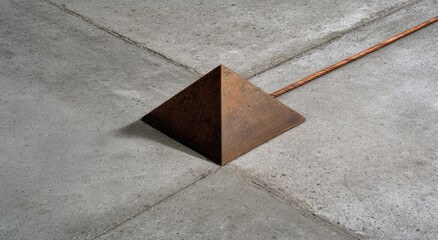 Metal Pyramid Obelisk Resting on Concrete Floor Corner, Copper Wire Attached
