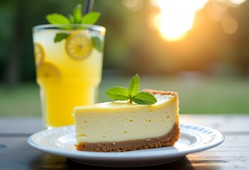 Lemon cheesecake with green fresh mint leaves, Delicious lemon tart, and cool Citrus lemonade. Selective focus. summertime.