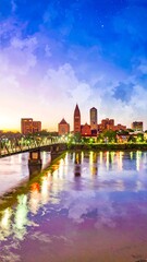 Obraz premium A vibrant city skyline reflects beautifully on a tranquil river at twilight, showcasing colorful city lights and a historic bridge.