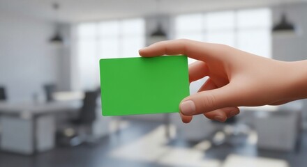3D mockup of a hand holding a business card, front side replaced with green screen placeholder, blurred office background.