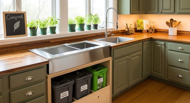 Environmentally conscious kitchen design featuring compost, recycling bins and natural light