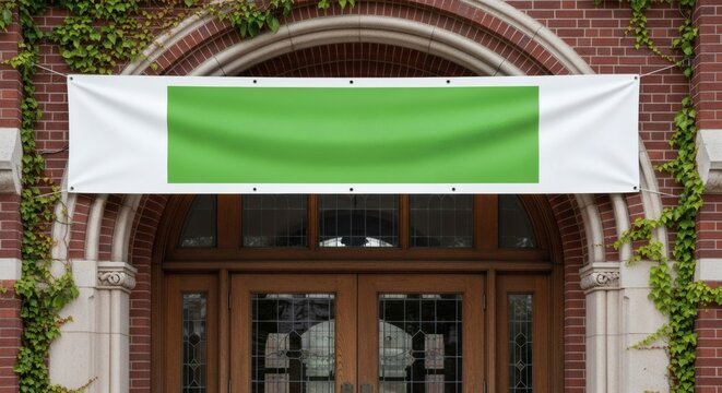 Banner mockup hanging at school entrance, area replaced with green screen placeholder. - Powered by Adobe