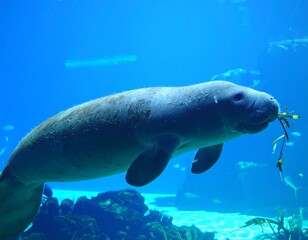 Naklejka premium A grayish-brown manatee, appearing serene, swims within a clear aquarium, consuming aquatic vegetation against a vivid blue backdrop.