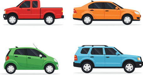 Collection of colorful car illustrations, red pickup truck, orange sedan, green compact car, blue SUV, modern vehicle vector set
