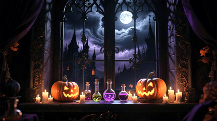 Halloween interior with pumpkins, candles, potions and gothic windows. Spooky fantasy artwork for holiday design.