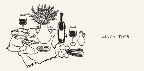 Hand drawn served table with italian food illustration. Sketch style Mediterranean lunch or dinner. Wine, charcuterie, pasta illustrations for party or wedding invitations, menus and kitchen prints.