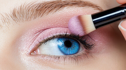 Naklejka premium Close up of beautiful eye with vibrant blue iris, applying pink eyeshadow using makeup brush, showcasing artistry and precision