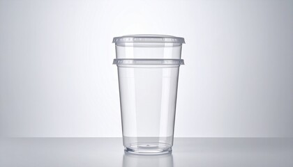 Clear plastic cup with dome lid on reflective white surface, showcasing smooth cylindrical design with subtle measurement markings