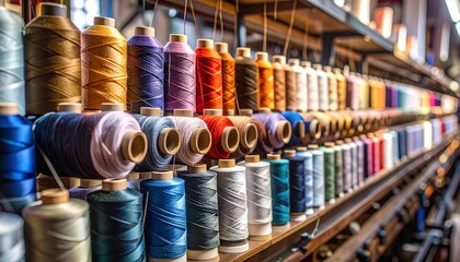 Colorful spools of thread mounted on industrial sewing machine in textile factory setting, arranged in gradient hues with blurred background