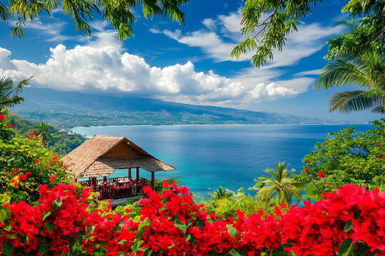 Traditional bungalow with thatched roof overlooking the ocean. Tropical resort vacation concept for travel agency marketing. - Powered by Adobe